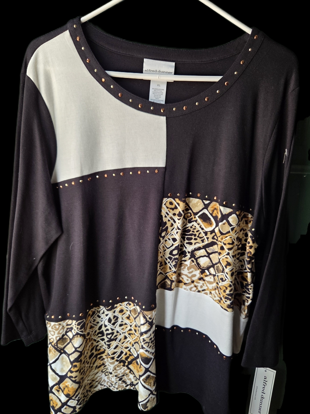 Alfred Dunner Black White and Gold Animal Print Long Sleeve Top